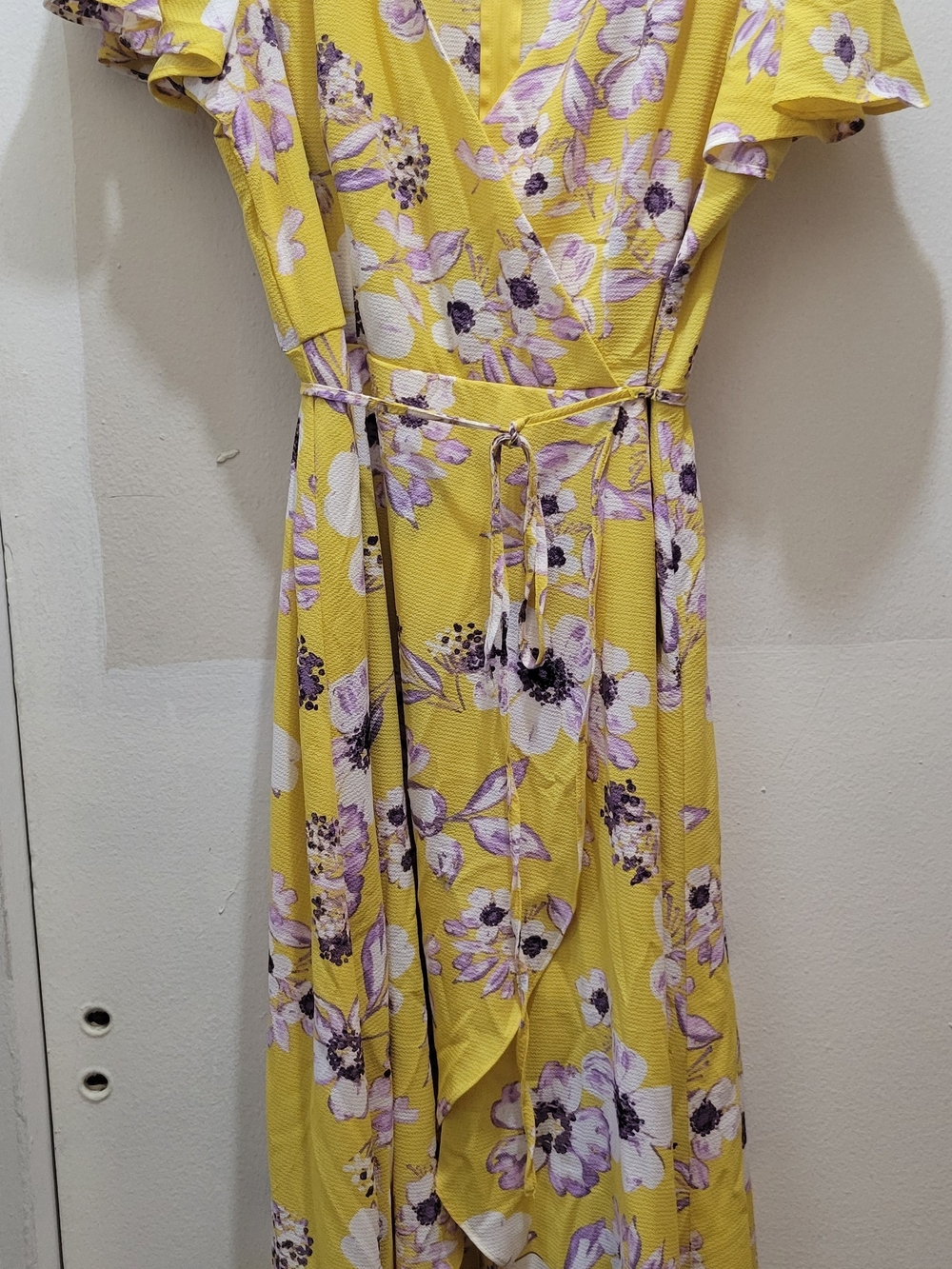 Premier Yellow Floral Wrap Hi/Lo Maxi Dress with Purple and White Blossoms